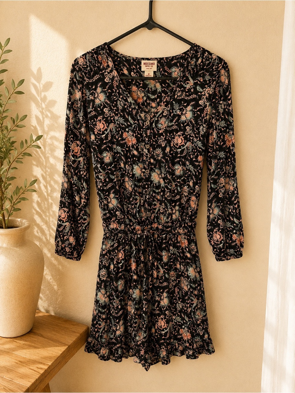 Mossimo Supply Co. Black Floral 3/4 Sleeve Romper